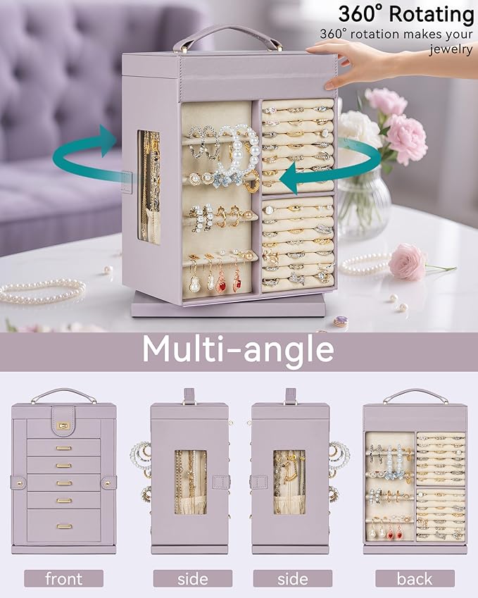 AKOZLIN 360° Rotating Jewelry Box 6-Tier Organizer Functional Jewelry Storage Case for Women Girls Ring Necklace Earring Bracelet Holder with Mirror Purple