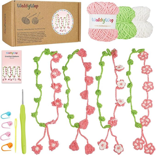 WaldyWop Crochet Kit for Beginners: 4 Flower Bracelets Knitting Kits for Adults Women w/Easy Yarn & Step-by-Step Video Tutorials - Wobbles Crochet Starter Kit for Kids Girls, Birthday Gift for Mom Kid