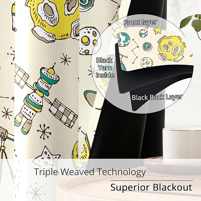 Kids Space UFO and Rocket Blackout Curtains - 100% Blackout, Thermal Insulated, Noise Reducing, Perfect for Kids Room and Nursery, 2 Panels (Space Explorer Sketchbook, W52×L84)