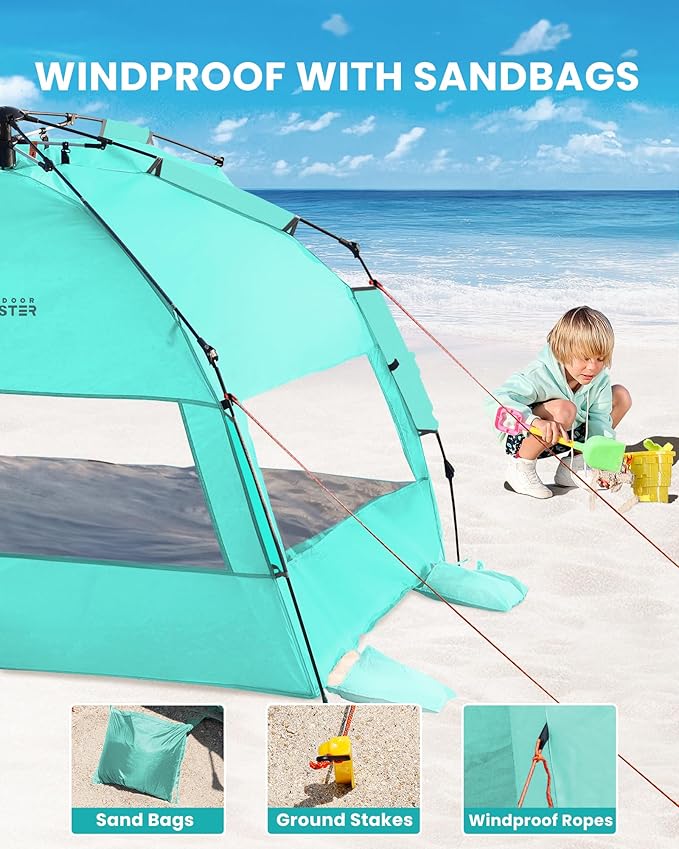 OutdoorMaster Beach Tent with Blackout Shelter Technology, Portable Beach Shade Sun Shelter Canopy for 4-6 Person with UPF 50+ UV Protection, Easy Setup Pop Up Tent Family Size