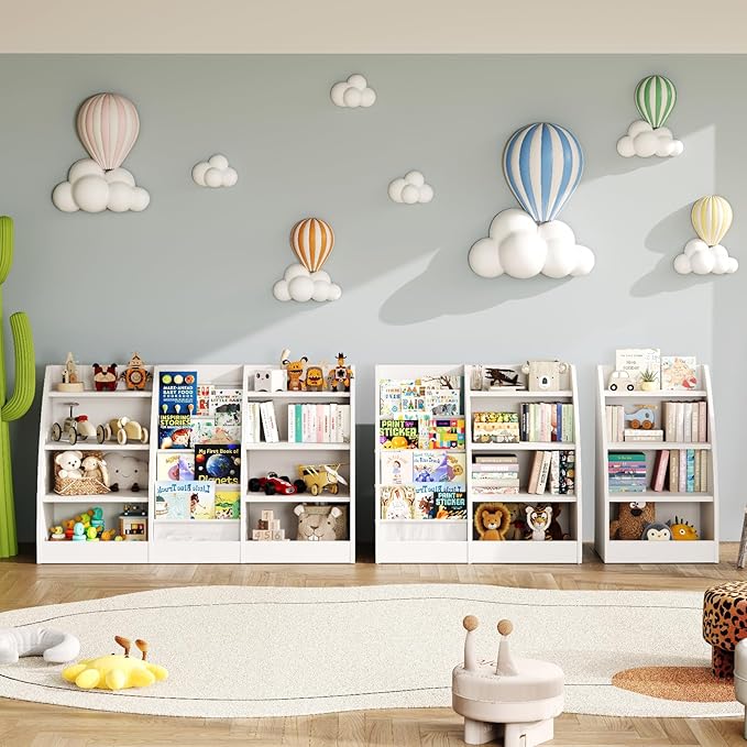 4 Tier Kids Bookshelf, 4 Layer Sling Kids Book Shelf for Kids Rooms, XXL Wood Children Bookcase,Baby Storage Book Rack,Toddler Bookshelf, Book and Toy Organizer,Book Display Shelf for Bedroom, Nursery