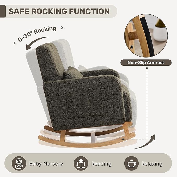 Rocking Chair with Ottoman, Upholstered Nursing Glider Rocker with High Backrest and Side Pocket, Comfy Reading Chair with Solid Wood Legs for Nursery/Living Room/Bedroom Green