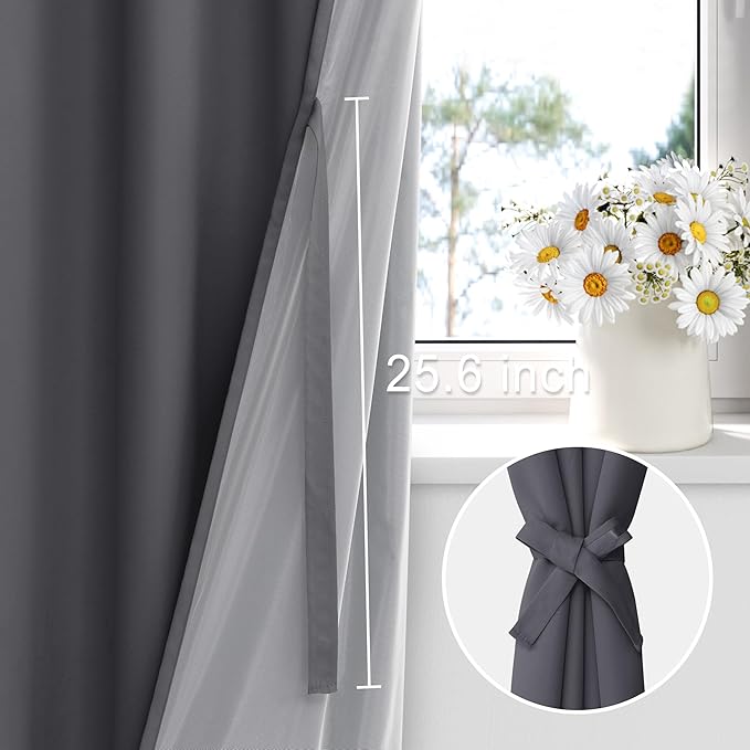 XWZO Full Blackout Curtains 63 Inches Long with Tiebacks- Heat and Light Blocking Rod Pocket Window Drapes with Black Liner Backing for Bedroom/Kid's Room, Dark Grey, W42 x L63, Set of 2 Panels