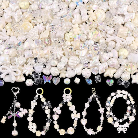 Assorted 170-230PCS White Acrylic Beads for Bracelet Making, Flower Bow Butterfly Candy GummyBear Aesthetic Bracelet Charms,Cute Beads for Jewelry Making DIY Necklace Keychain Phone Charm