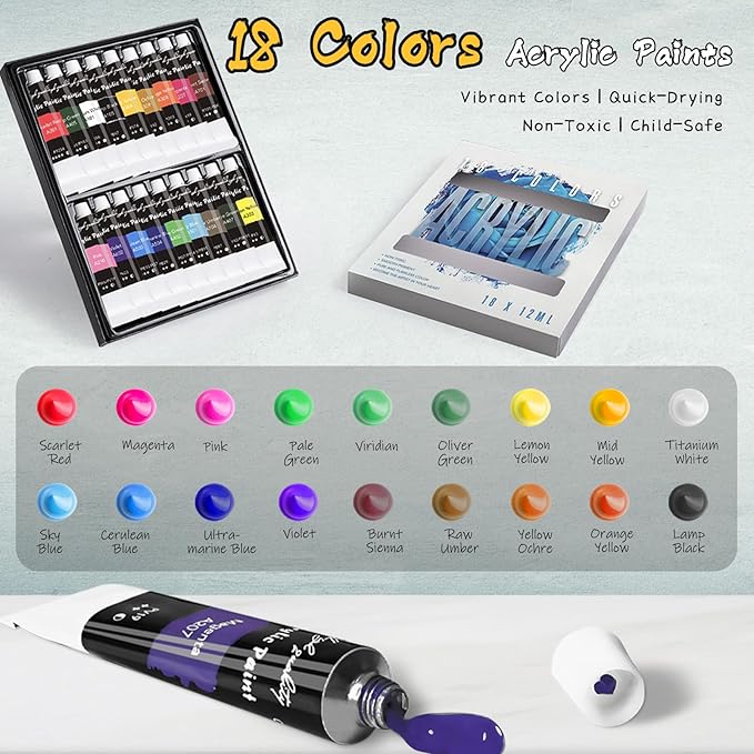 Painting Kit, Acrylic Paint Set for Kids & Adults - Painting Supplies with18 Acrylic Paints, 8 Painting Brushes, 5 Canvas Panels