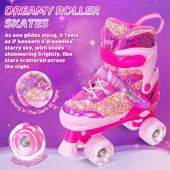 Nattork Kids Roller Skates for Girls Kids, 4 Sizes Adjustable Girls Roller Skates for Ages 3-12 with Light up Wheels & Safety Protection - Cool Birthday Gift for Indoor Outdoor Sports