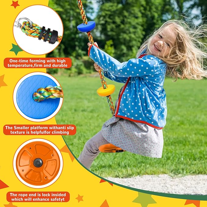 Tree Swing Rainbow Climbing Rope, Heavy Duty Swing Disc Seat Replacement for Kids with Hanging Strap and Platform Carabiners Indoor/Outdoor Playground Accessories (Orange)