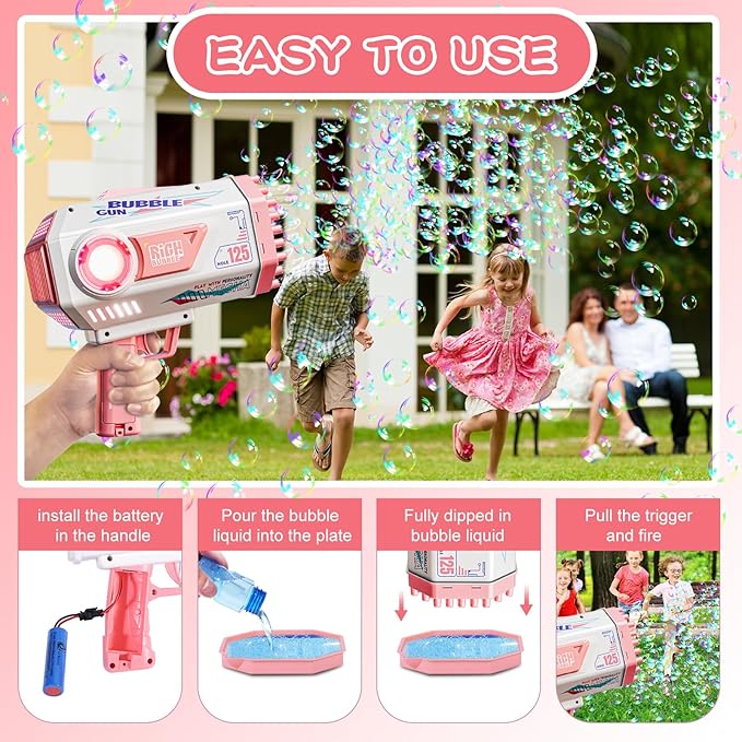 BOMOCO Bubble Gun,125 Holes Bubble Machine Bubbles for Kids Age 3-12,Bubble Blaster Gun with Bubble Solution Summer Outdoor Bubble Toys Birthday Wedding Halloween Party Favors Gifts Bubble Maker,Pink