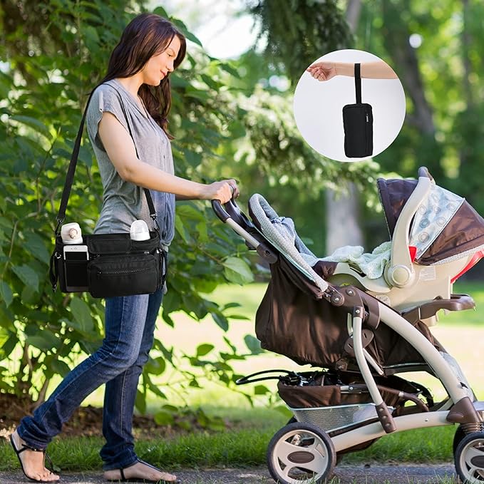 Momcozy Universal Stroller Organizer with Insulated Cup Holder Detachable Phone Bag & Shoulder Strap, Fits for Stroller like Uppababy, Baby Jogger, Britax, BOB, Umbrella and Pet Stroller