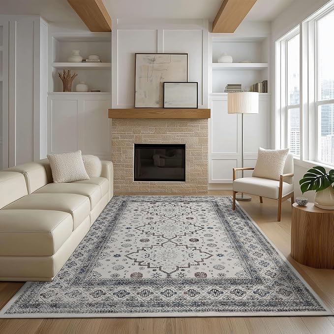 Washable 6x9 Area Rug for Living Room, Carpet for Bedroom Dining Room, Non Slip&Non-Shedding Resistant Low Pile Vintage Print Rug for Home Office (White Cream/Gray)