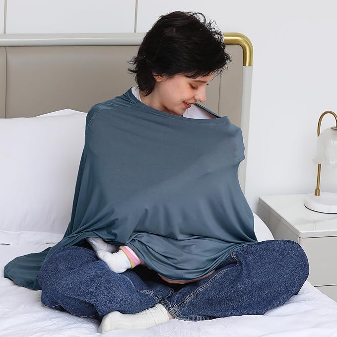 Nursing Cover for Breastfeeding, 360°Full Coverage Nursing Poncho, Rayon Soft & Breathable Breastfeeding Cover up (Smooth Rayon, Blue)