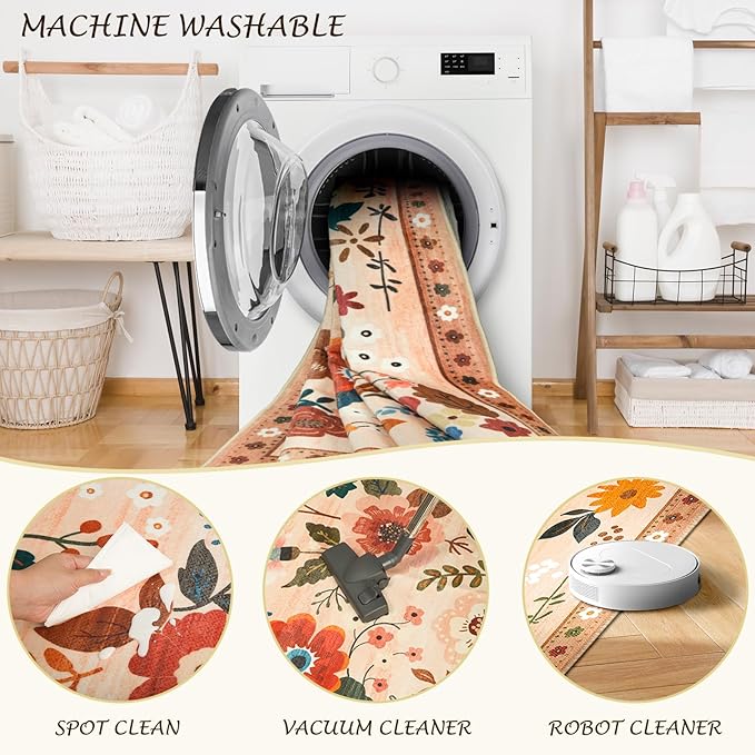 Floral 6x9 Area Rug Machine Washable Soft Print Boho Carpet Non Slip Doormat Low Pile Flower Area Rugs for Living Room Bedroom Nursery Kitchen Dining Room Indoor-Light Orange