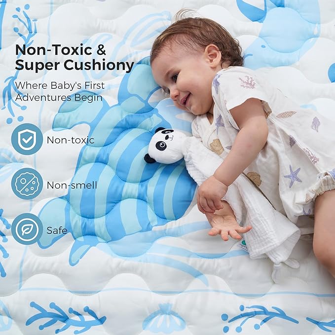 Momcozy Baby Play Mat for Floor, 50x50 Thickened Playpen Mat, Playmate for Baby Tummy Time, Waterproof & Non-Slip, Foldable Outdoor Mat with Carrying Handle, Ocean Theam