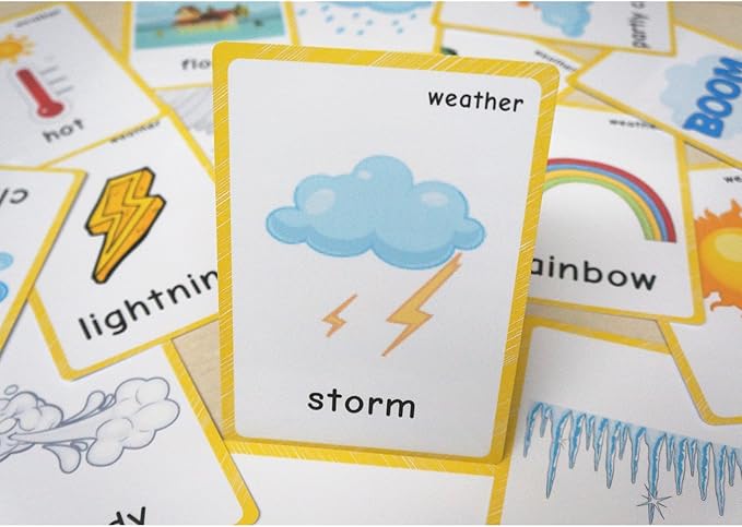 22 Weather Flash Cards(pre k flashcards) - Classroom Decorations and Early Learning Kindergarten Teacher Tools - Flash Cards Hole Punched - with 1 Ring -So You Can Sort and Organize The Cards Easily