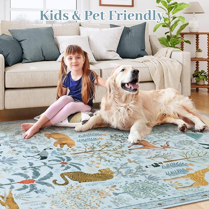 OJIA Animal Area Rugs 8x10, Soft 8x10 Washable Rugs for Living Room Bedroom, Non-Slip Boho Ultra-Thin Dining Room Rug Large Throw Carpet for Farmhouse Playroom Office, Light Blue