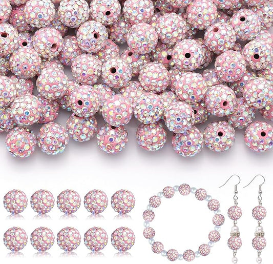 200pcs 10mm Rhinestone Beads for Jewelry Making, Pink AB Shiny Round Disco Ball Beads Bulk, Sparkle Crystal Clay Christmas for Bracelet Baseball Necklace Earring Crafting and DIY
