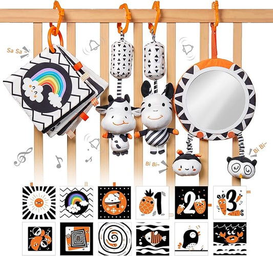TUMAMA Black and White Baby Toys, High Contrast Tummy Time, Newborn Soft Books Mirror Rattles, Montessori Sensory 0-12 Months, Hanging Infant for Carseat Stroller Play Mat Crib