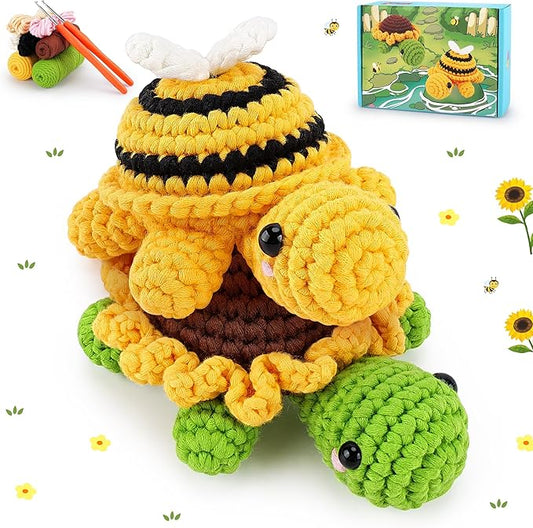 Crochet Kit for Beginners, Crochet Animal Kit with Step-by-Step Video Tutorials, 2PCS Bee and Sunflower Turtles Crocheting Kit for Adults Kids, Easy Yarn for Starter, Stuffed Animal Knitting Kit