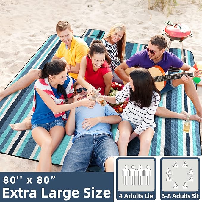 ZAZE Picnic Blankets Beach Blanket, 80''x80'' Extra Large Thick 3-Layers, Sandproof Machine Washable Waterproof Foldable Oversized XL Outdoor Mat, for Camping, Park, Travel, Grass(Blue White Stripe)