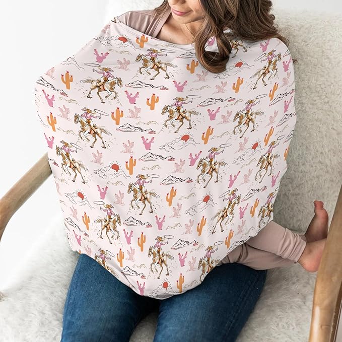 Cute Pink Cowgirl Car Seat Cover for Baby Western Cowgirls Horse Cactus Mountain Sunset Stretchy 5-in-1 Covers Adjustable Infant Carseat Canopy Cover Wild West Desert Breathable Nursing Cover-Up
