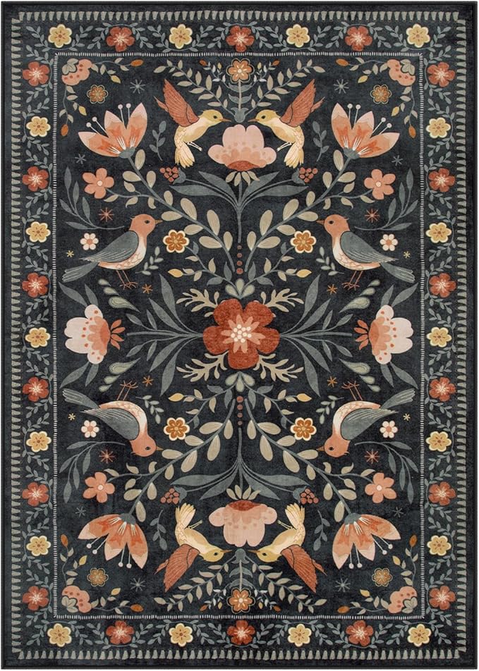 Moynesa Boho Bird 5x7 Area Rugs for Living Room, Black Floral Living Room Rug 5x7 Washable Low-Pile Bedroom Rug Non Slip, Vintage Soft Jungle Animal Floor Carpet for Nursery Playroom