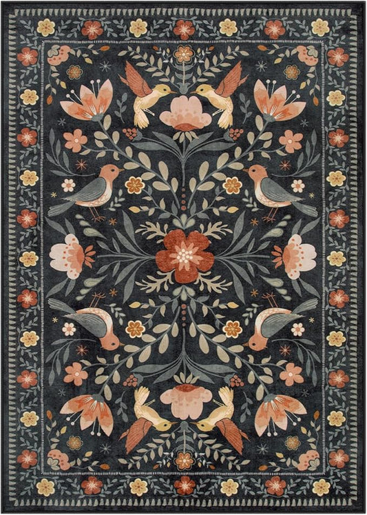 Moynesa Boho Bird 5x7 Area Rugs for Living Room, Black Floral Living Room Rug 5x7 Washable Low-Pile Bedroom Rug Non Slip, Vintage Soft Jungle Animal Floor Carpet for Nursery Playroom