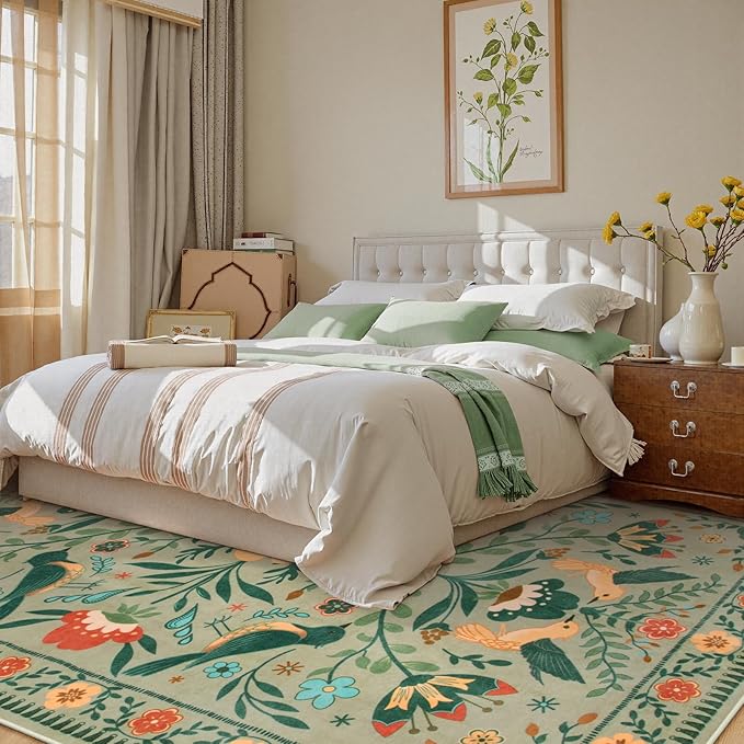 Moynesa Area Rugs 9x12 Living Room Washable, Ultra Thin Soft Boho Bird Bedroom Rug Easy Clean, Low Pile Indoor Multi Color Large Sage Green Carpet for Dining Room Kid Playroom Nursery
