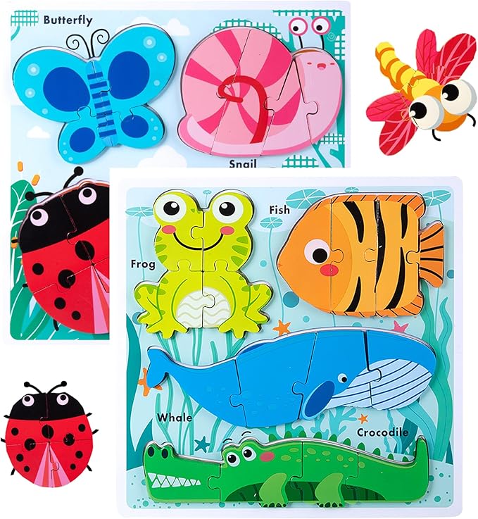 Wooden Creature Puzzles for Toddlers 2-4,Toddler Puzzle Ages 1-3, Montessori Educational Toys for 2 3 Years Old, Wood Learning Gifts for Preschool Kids Boys Girls