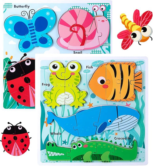Wooden Creature Puzzles for Toddlers 2-4,Toddler Puzzle Ages 1-3, Montessori Educational Toys for 2 3 Years Old, Wood Learning Gifts for Preschool Kids Boys Girls