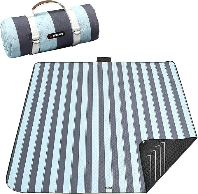 HX&OD Outdoor Picnic Blanket Extra Large, 80''*60'' Waterproof Picnic Mat with Stakes Foldable Camping Blanket Portable with Carry Strap for Beach Mat (Green& White, 80''*60'')