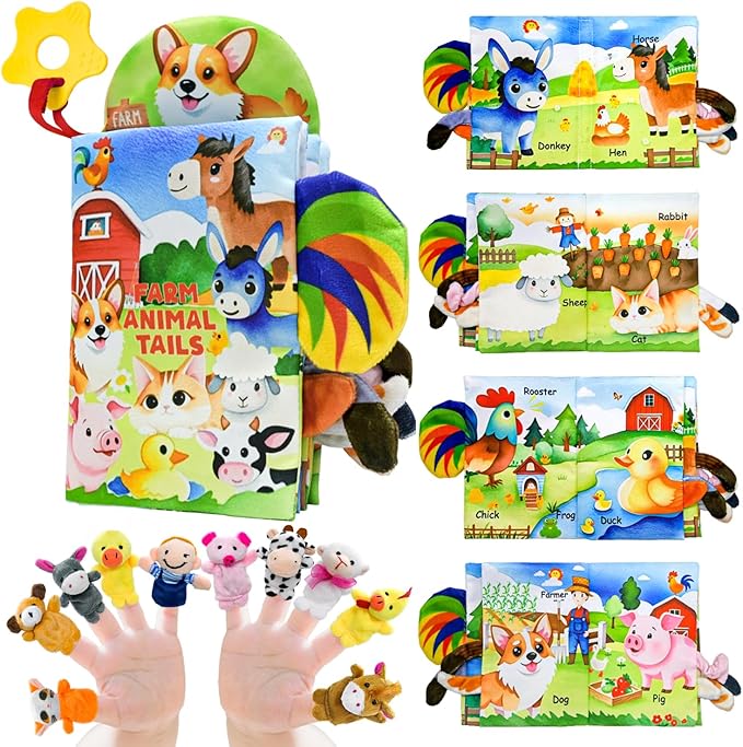 Farm Crinkle Books for Babies with 10 Finger Puppets Set, Touch and Feel Cloth Soft Farm Animal Tail Book with BiBi & Teething Toy, Puppets for Kids Ages 4-8, Baby Shower Birthday Gifts