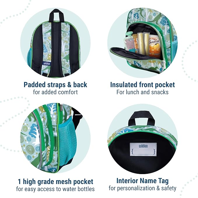 Wildkin 12-inch Kids Backpack – Padded, Adjustable, Ideal for Daycare & Travel - Dinomite Dinosaurs