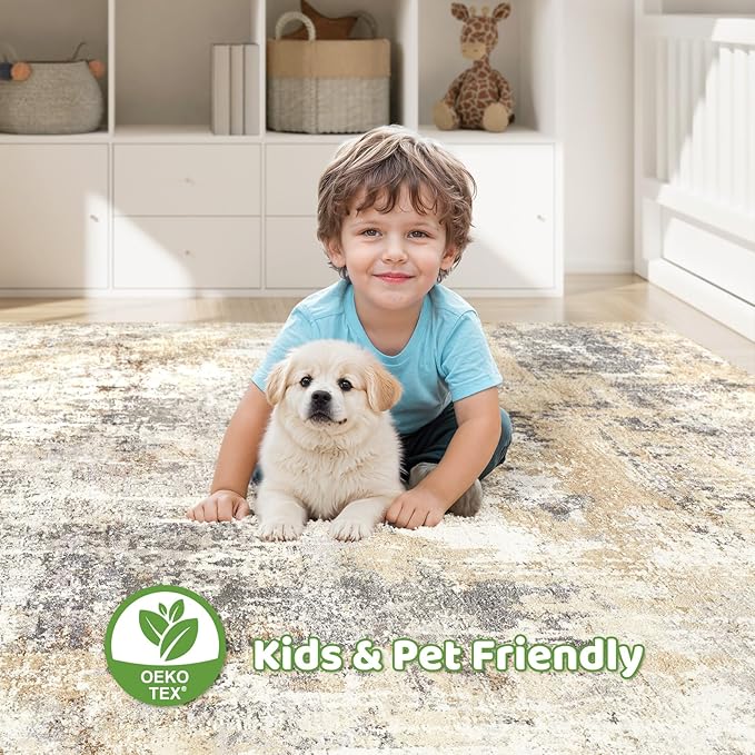 4x6 Rug Washable Area Rugs: Abstract Modern Soft Stain Resistant Indoor Floor Accent Non Slip Carpet for Living Room Entryway Kitchen Bedroom Nursery Office Bedside Home House Decor- Gray Gold