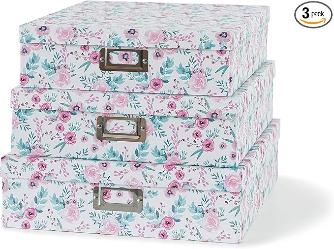 Soul & Lane Floral Decorative Storage Boxes With Lids, Set of 3 Pretty Nesting Cardboard Letter Storage Boxes for Photos, Documents, Scrapbooks, Keepsakes, Memories