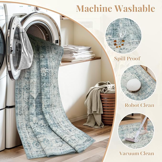 LIVEBOX Washable 2.5x8 Runner Rugs for Entryway Bathroom, Boho Kitchen Floor Mats Long Rug Runners for Hallways Non Slip, Farmhouse Low-Pile Carpet Runners for Laundry Room, Blue