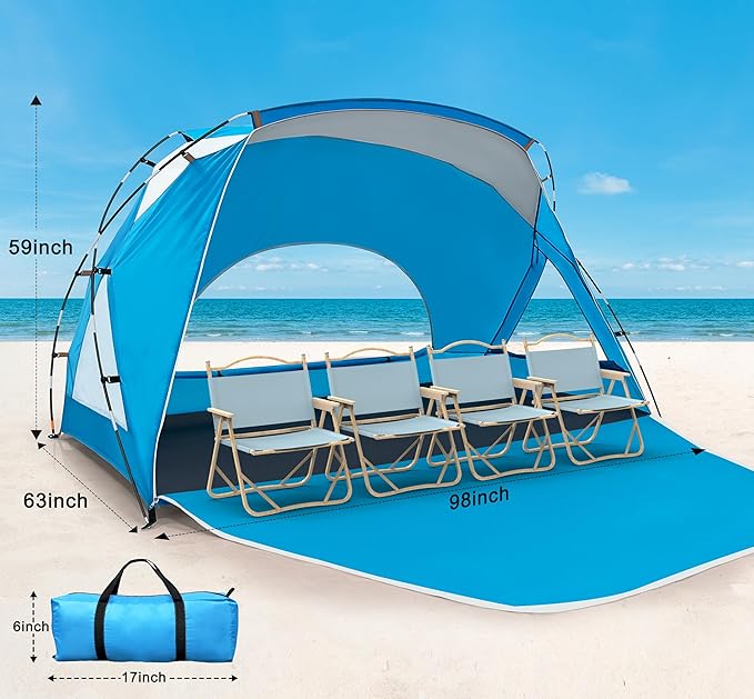 Beach Tent, Portable Sun Shelter for 2/3/4/6-8 Person with UPF 50+ UV Protection, Easy Setup Waterproof Beach Shade Canopy Cabana for Family Outdoor and Picnics, Fishing with Carrying Bag