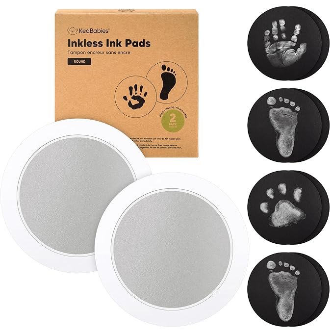 2-Pack Round Inkless Baby Hand and Footprint Kit - Mess Free Ink Pad for Newborn Keepsake, Dog Nose & Paw Print Kit, Clean Touch Ink Pad for Baby Hand & Footprints, Ideal New Mom Gifts (Silver)