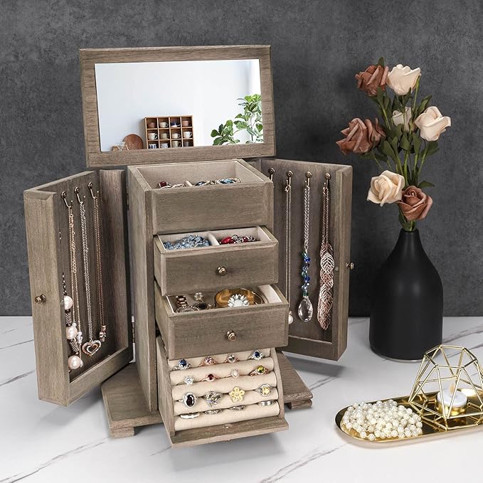 Jewelry Box for Women, Rustic Wooden Jewelry Boxes & Organizers with Mirror, 4 Layer Jewelry Organizer Box Display for Rings Earrings Necklaces Bracelets (Weathered Gray)