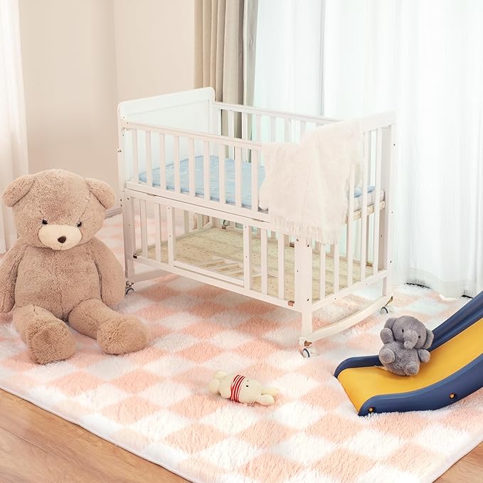 Super Soft Rug for Bedroom, 4x6 Ft Pink and White Area Rug Classic Checkered Shaggy Anti-Skid High Pile Soft Fluffy Rug Fuzzy Carpet for Living Room Bedroom Kids Room Nursery, Dorm Home Decor