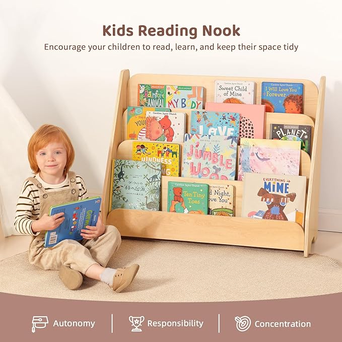 OOOK Kids Bookshelf, Wooden 4-Tier Front Facing Book Display Shelf for Kids, Toddler Montessori Bookshelf for Classroom, Playroom, Nursery