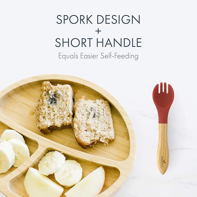 Avanchy Baby Fork Set, Bamboo and Silicone Spork Utensils, Toddler Baby Led Weaning Silverware Cutlery Flatware, Kids First Self Feeding