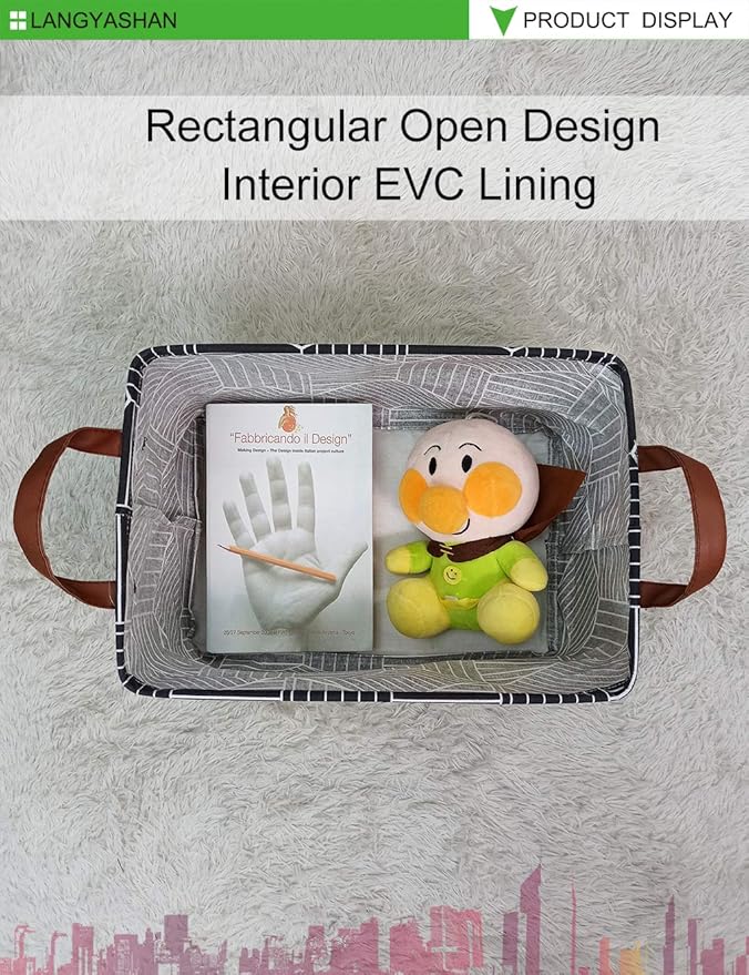LANGYASHAN Rectangular Storage Bin Collapse Canvas Fabric Cartoon Storage Basket with Handles for Organizing Home Kitchen Boys and Girls Toys Office Closet Shelf Baskets (Black Diamond)