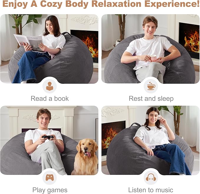 Homguava 3.5FT Bean Bag Chair: Teardrop Bean Bags with Memory Foam Filled, Compact Beanbag Chairs Soft Sofa with Corduroy Cover (Grey)