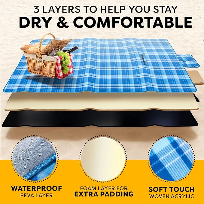 Scuddles Picnic Outdoor Blanket Park Blanket Beach Mat for Camping on Grass Oversized Seats 4 Adults Water Resistant Picnic Mat