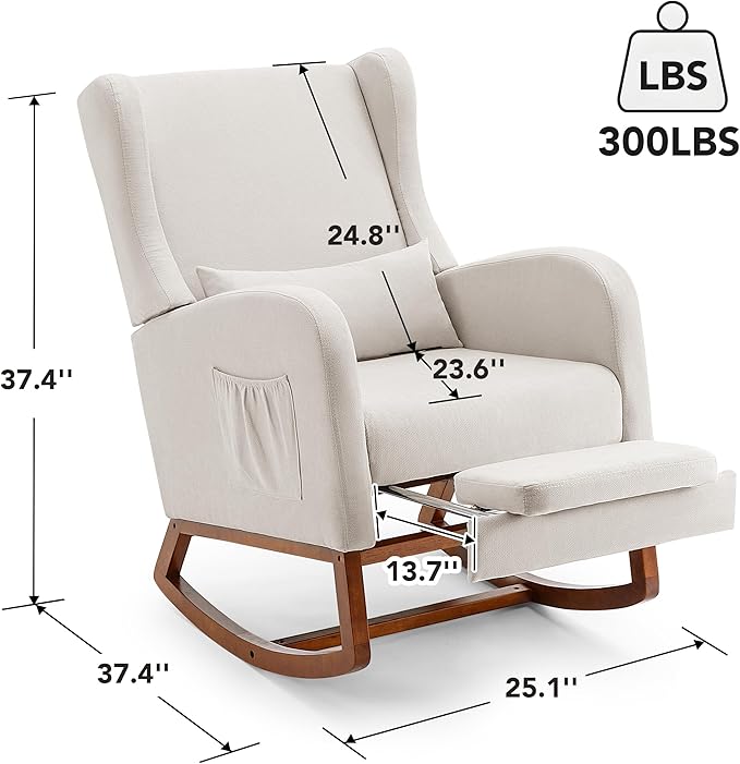 Rocking Chair Nursery Glider Chair with Foot Rest, Nursery Rocking Chairs with Rubber Wood Legs Side Pocket, High Back Nursing Chair, Accent Rocker Arm Chair Baby Bedroom, Living Room, Beige