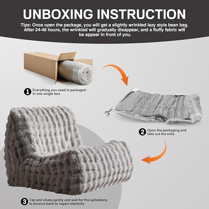 Modern Bean Bag Chair, Large Bean Bag Couch for Adults with Memory Foam Filled, Soft Faux Bunny Fur Lazy Chair for Living Room Bedroom Dorm Apartment, No Assembly Required, Grey