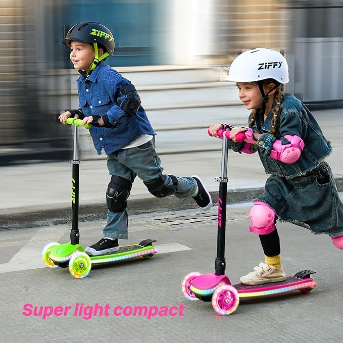 ZIFFY 3-Wheel Light-Up Kids Scooter, Kids Balance Scooter for Boys Girls with 20 Dynamic LED Lights, 4 Adjustable Height, Lean-to-Steer Design with Anti-Slip Wide Surface for Stability - Up to 110LBS