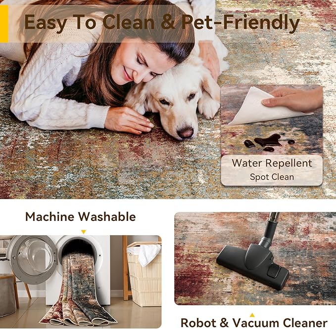 Washable Area Rugs 2'x6' Non-Slip Modern Abstract Soft for Living Room Entryway Bedroom Nursery, Print Pattern, Brown Rust Red Multi