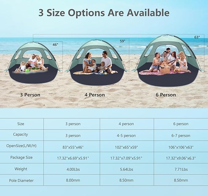 NXONE Beach Tent Sun Shade Shelter for 3/4/6 Person Person with UV Protection, Extended Floor, 3 Mesh Roll Up Windows & 8.0/8.5mm Fiberglass Rods丨Carry Bag Included