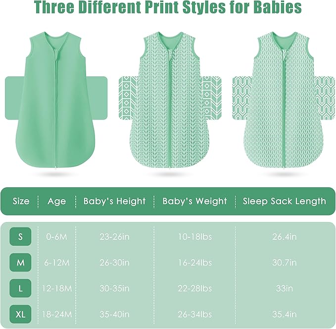 SWEET DOLPHIN Baby Sleep Sack 6-12 Months - 100% Cotton 2-Way Zipper TOG 0.5 Infant Wearable Blanket, Newborn Essentials Toddler 3 Pack Sleeping Sacks - Green